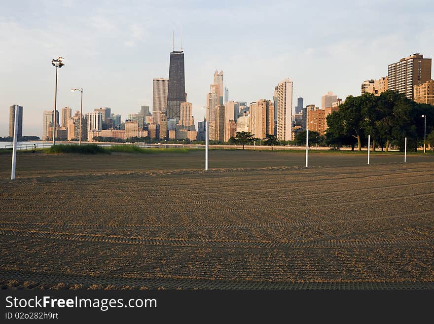 Volleyball fields on the beach after morning cleaning.