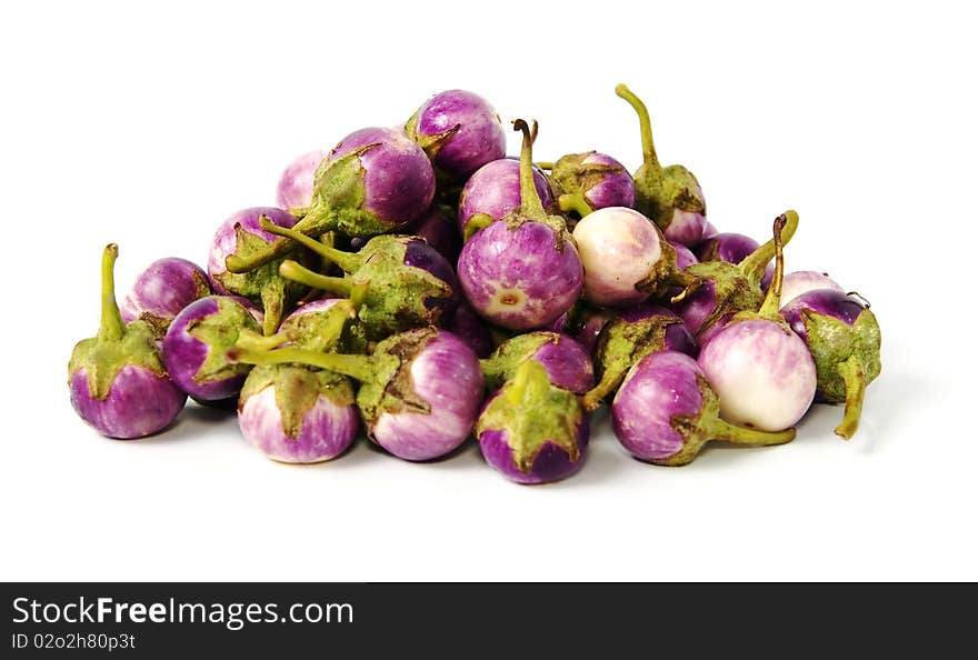 Group of small Egg-plants. Aubergine. Isolated over white.