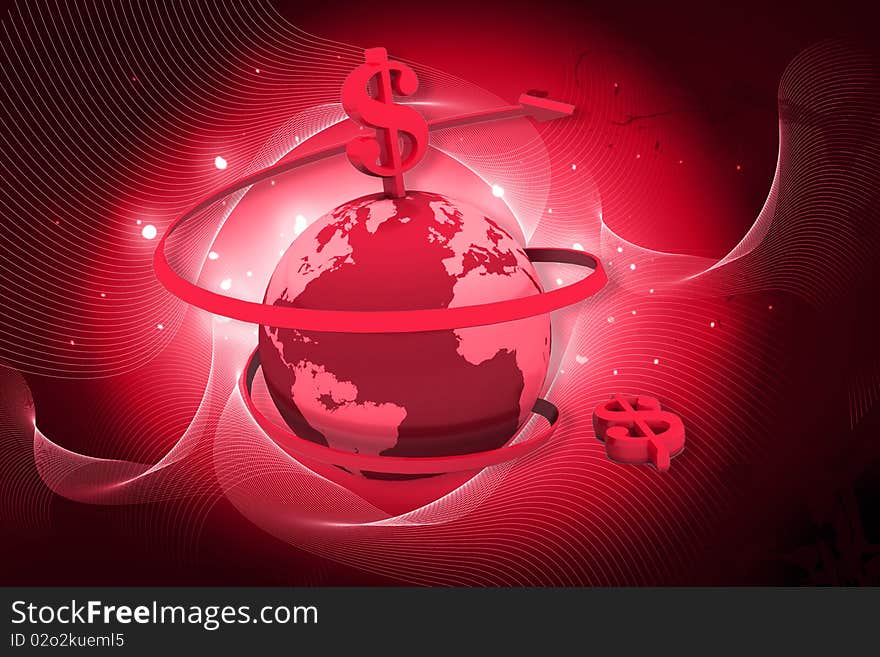 3d rendering of globe and dollar sign rotating arrows in digital color background. 3d rendering of globe and dollar sign rotating arrows in digital color background