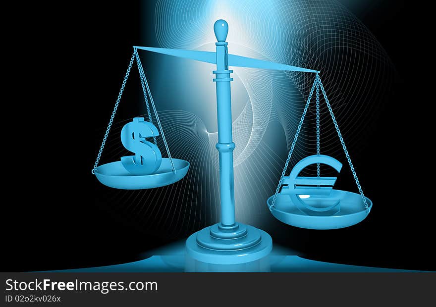 Digital illustration of balancing scale  euro and dollar in color background