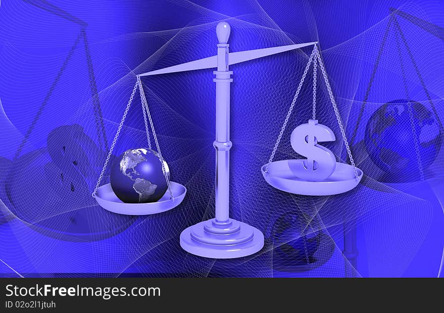 And dollar	Digital illustration of balancing scale  world and dollar in color background. And dollar	Digital illustration of balancing scale  world and dollar in color background