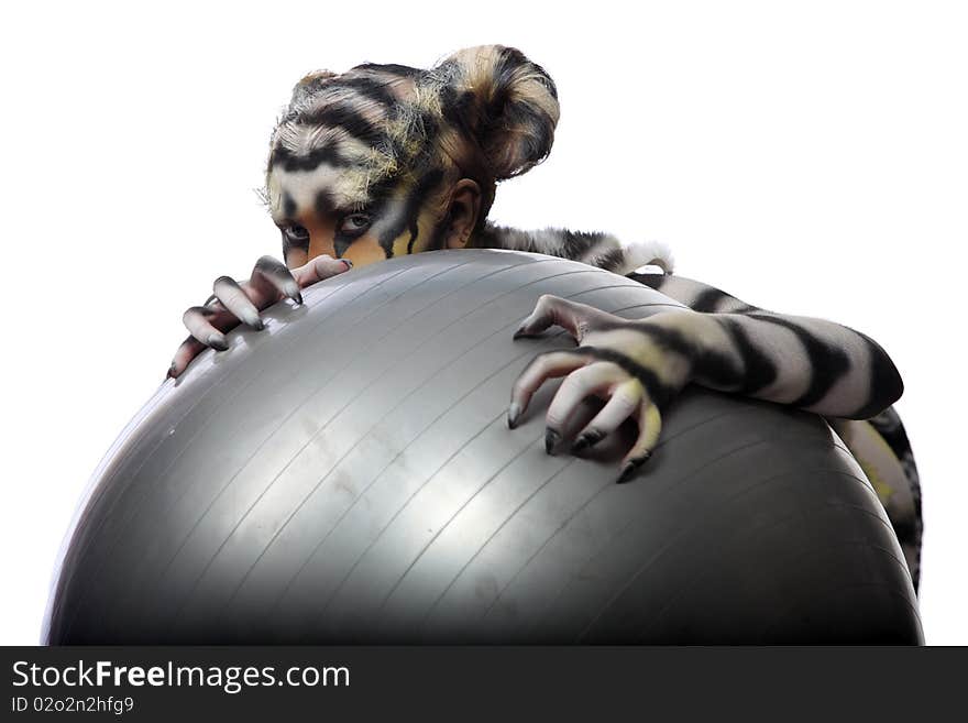 Body-art: White tigress. Studio shot.