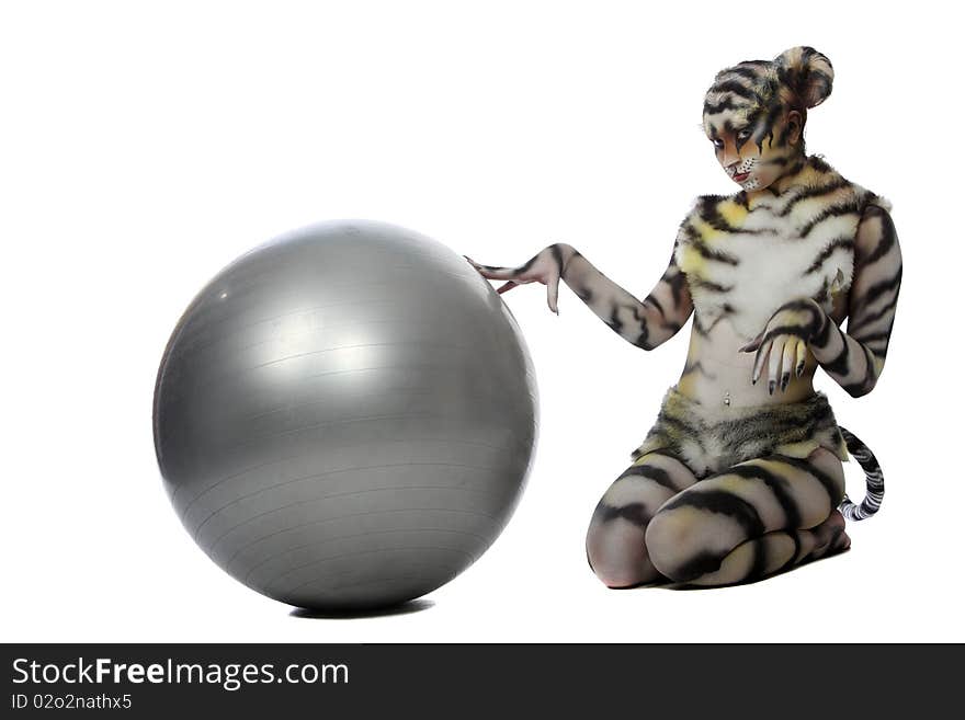 Body-art: White tigress. Studio shot.