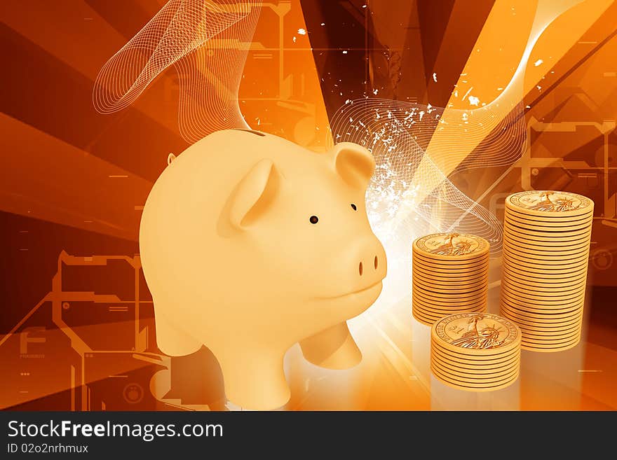 piggy bank with gold coins on color background. piggy bank with gold coins on color background