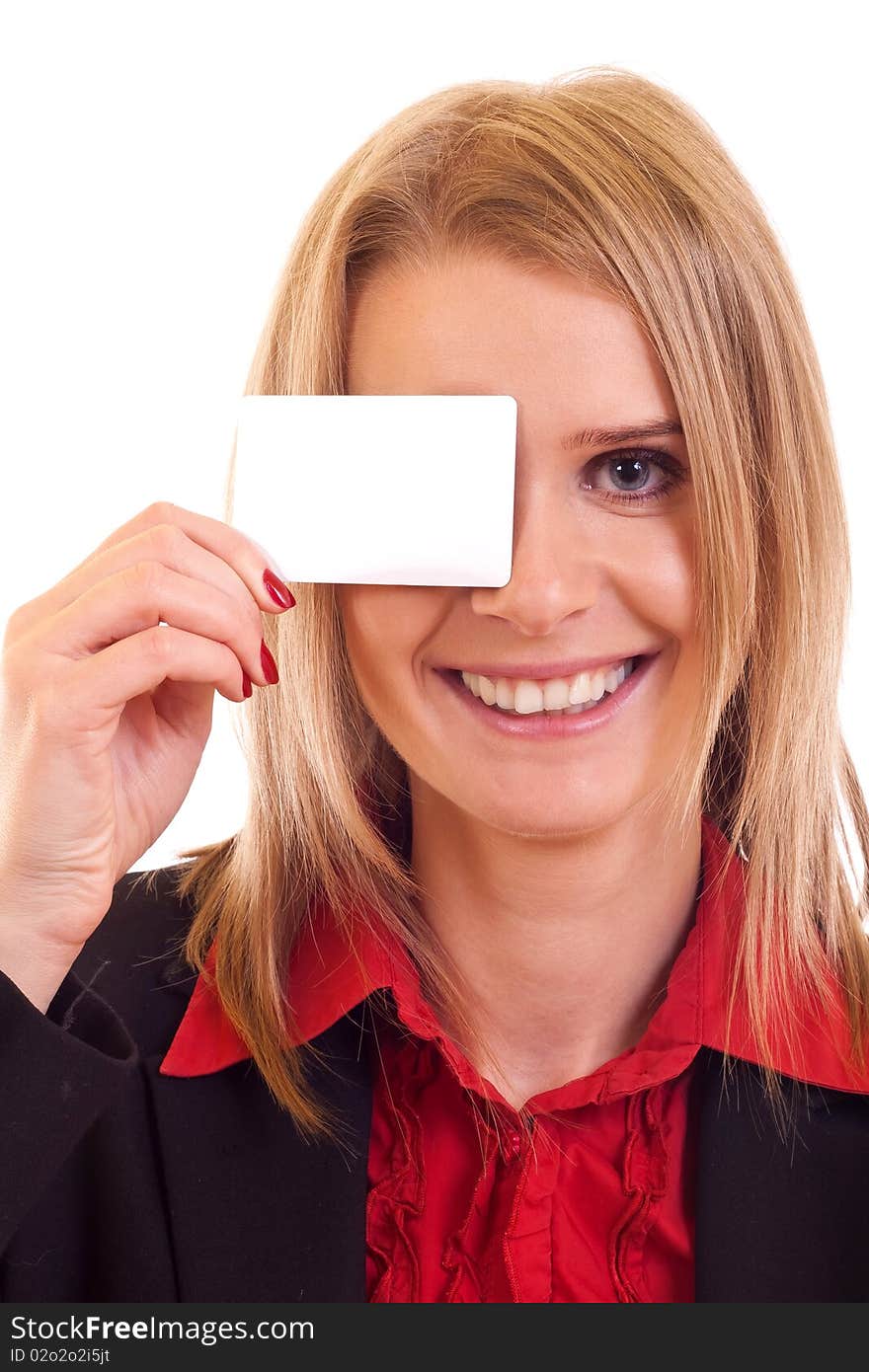 Young business woman holding blank card over her eye