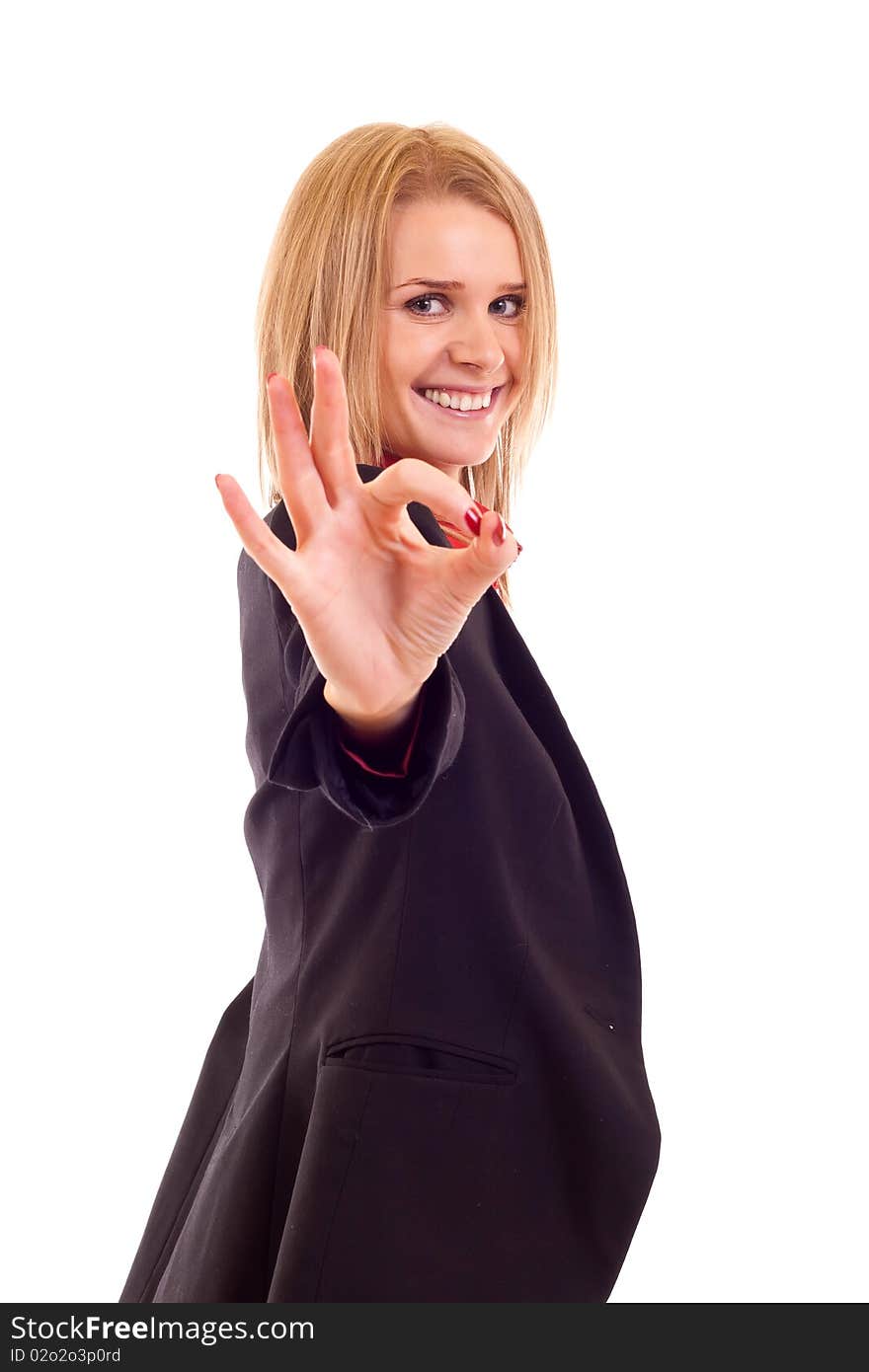 Business woman showing ok sign on white background