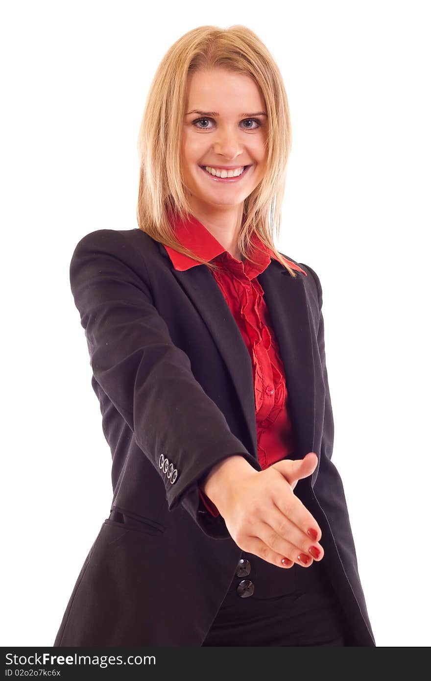 Business woman giving hand for handshake, isolated on white