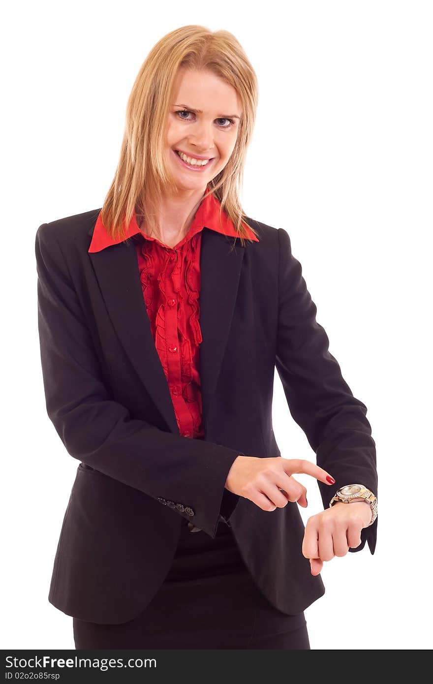 Angry business woman pointing her watch over white