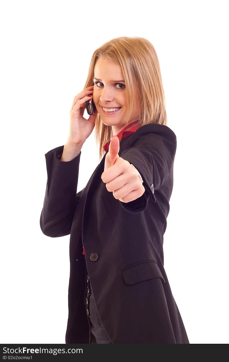 Businesswoman talking by cell phone and making OK sign