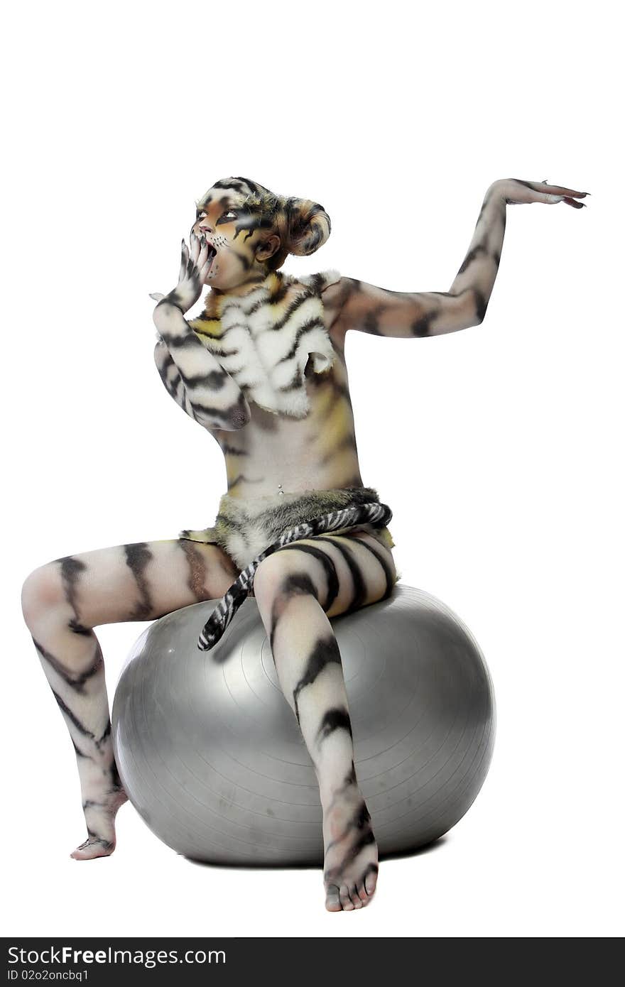 Body-art: White tigress. Studio shot.