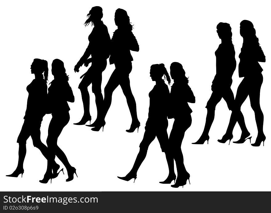 Drawing of beautiful girls. Silhouettes on white background. Drawing of beautiful girls. Silhouettes on white background