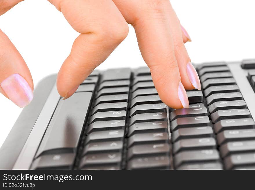 Computer keyboard and hand isolated on white background