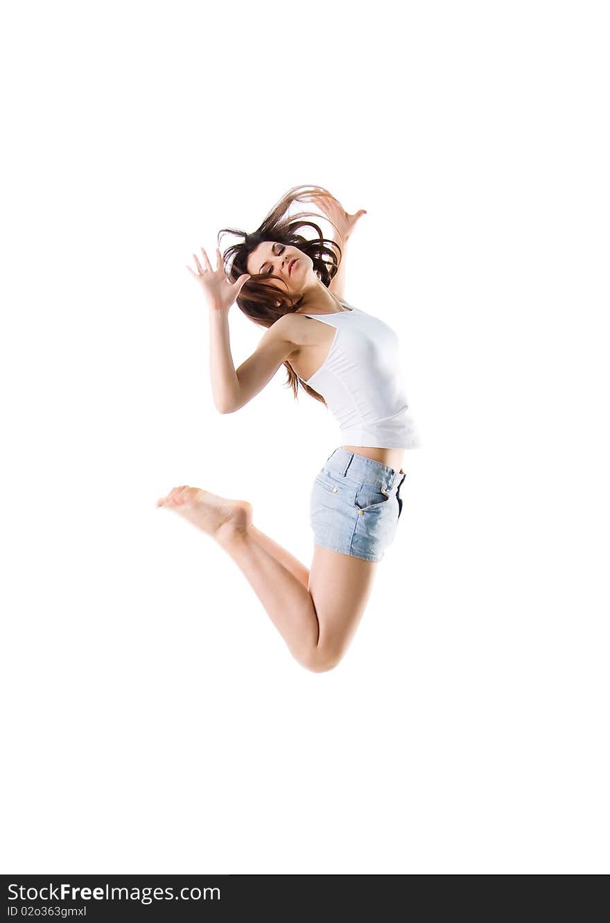 Beautiful jumping girl isolated on white background