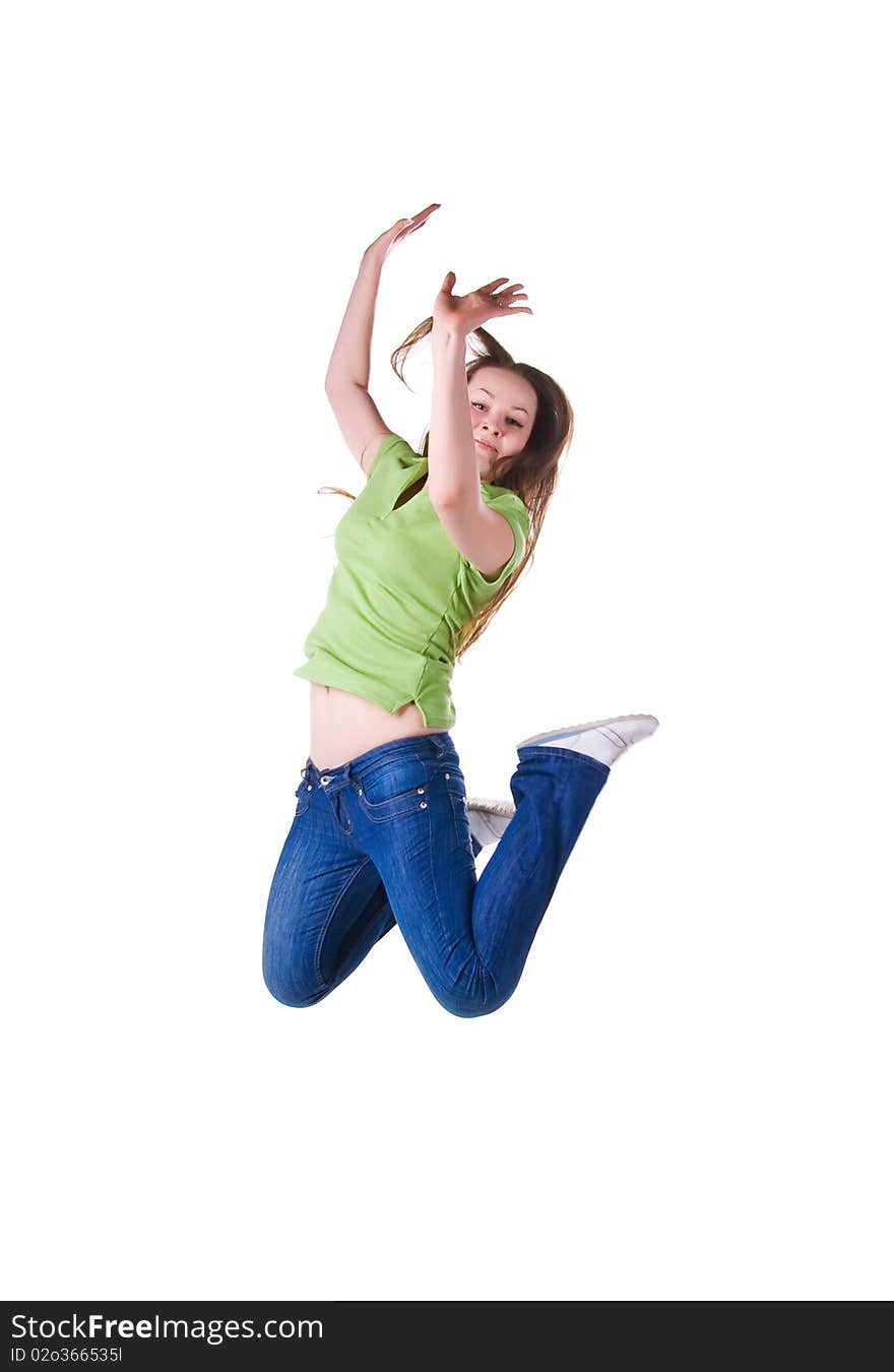 Beautiful jumping girl isolated on white background