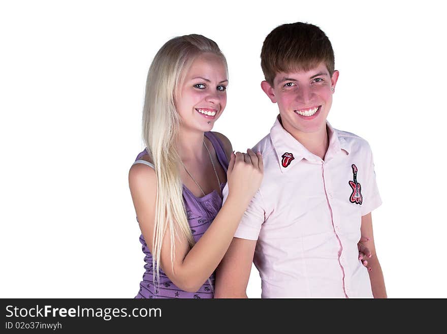 Girl and boy posing on a white background. Girl and boy posing on a white background