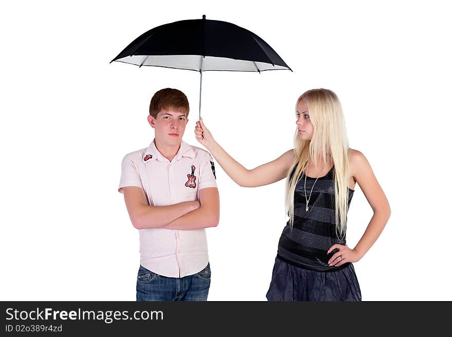 Girl with boy with umbrella on a white background. Girl with boy with umbrella on a white background