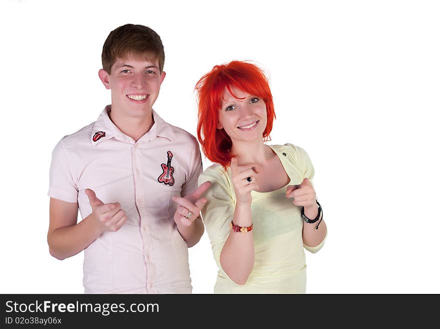 Girl and boy posing on a white background. Girl and boy posing on a white background