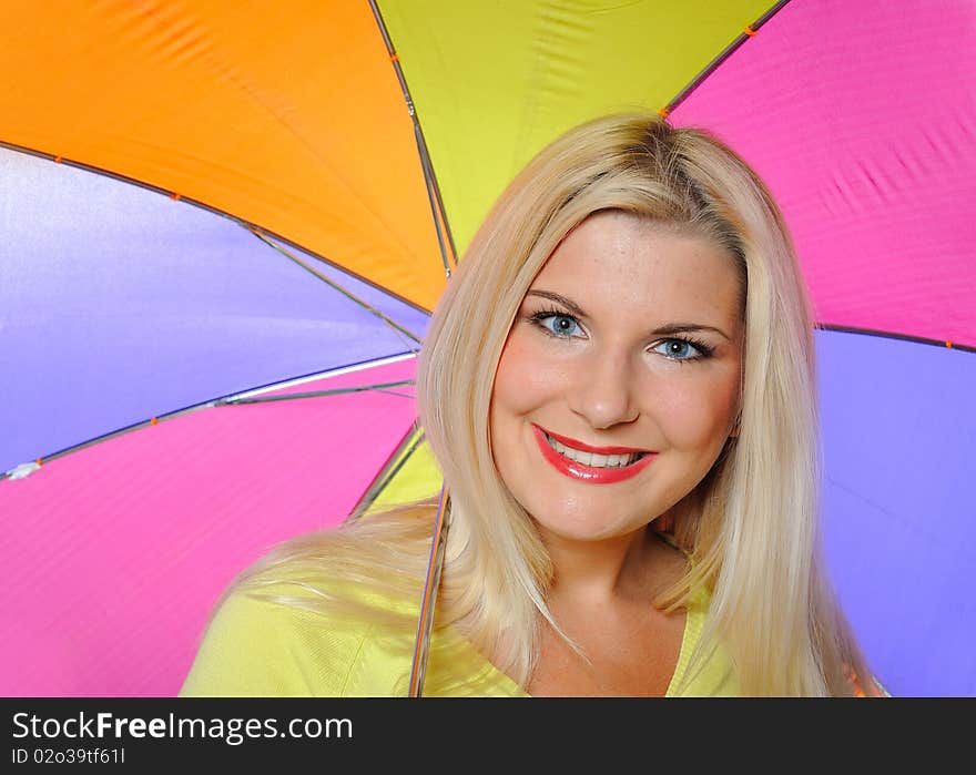 Portrait of pretty autumn woman standing under umbrella. white background