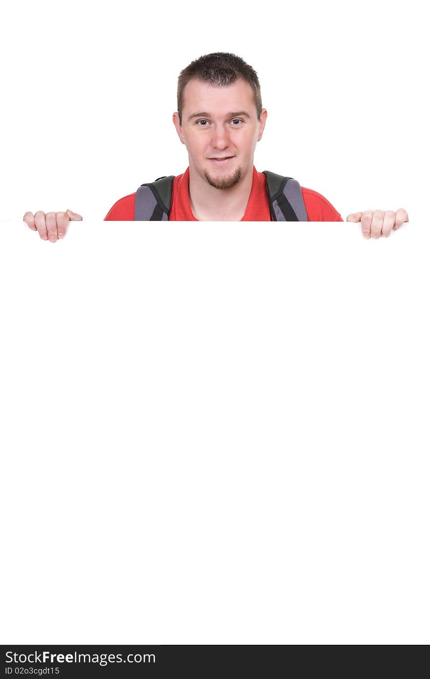 Young adult guy with board. over white background. Young adult guy with board. over white background