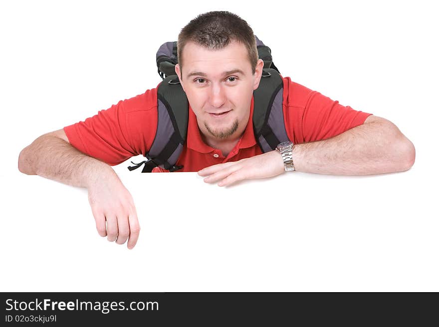 Young adult guy with board. over white background. Young adult guy with board. over white background