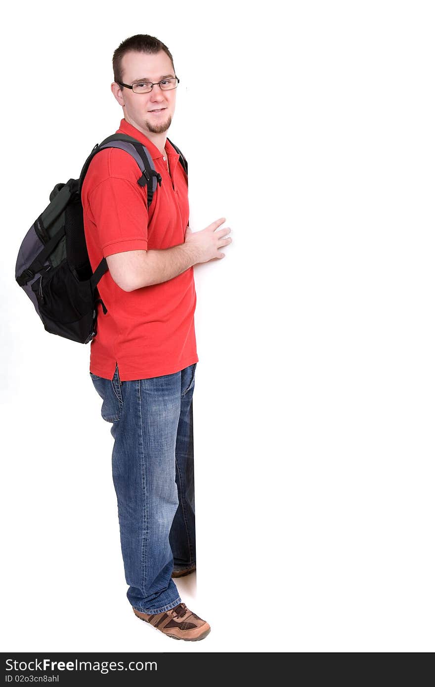 Young adult guy with board. over white background. Young adult guy with board. over white background