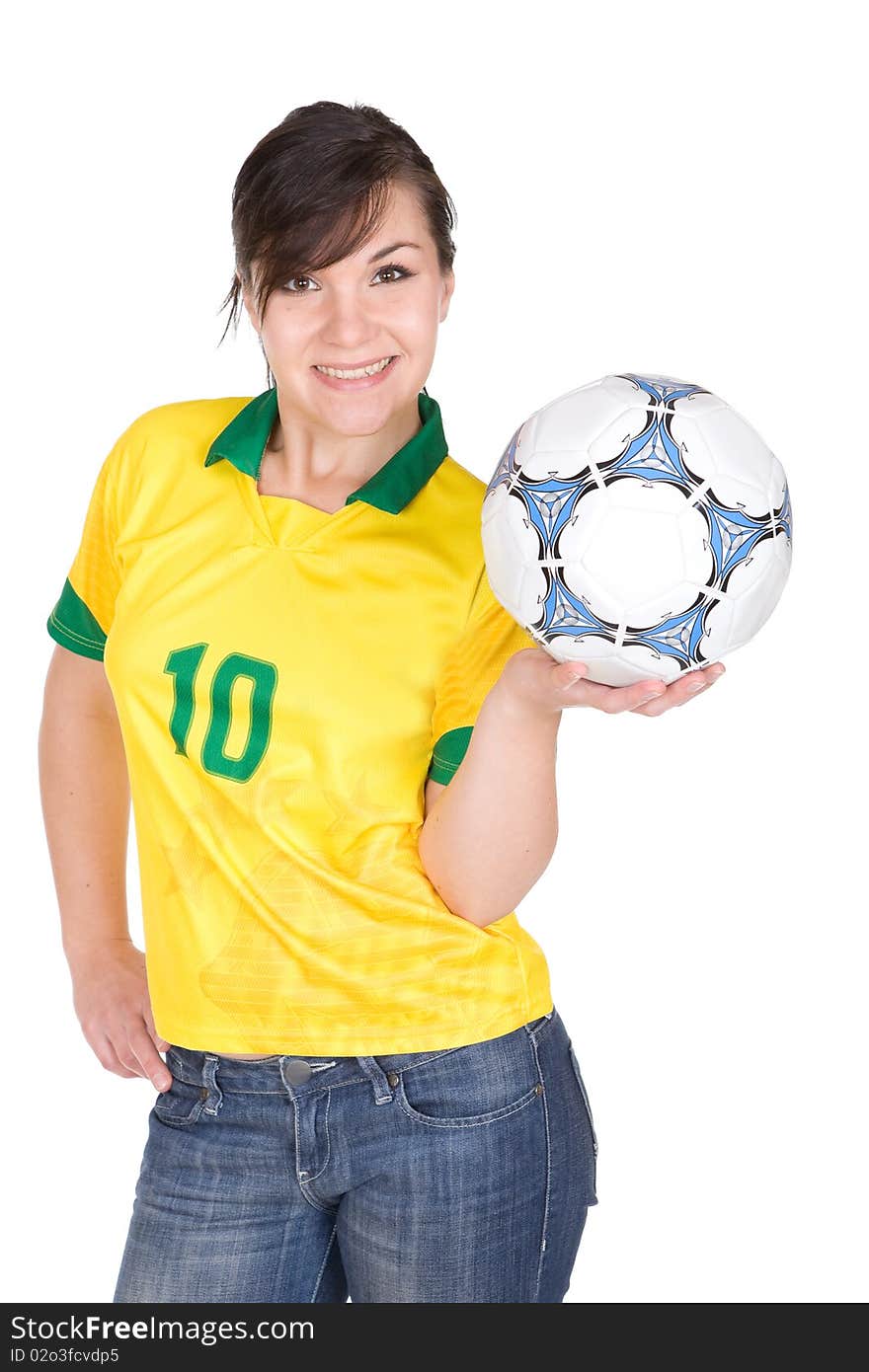 Young adult woman with ball. over white background. Young adult woman with ball. over white background