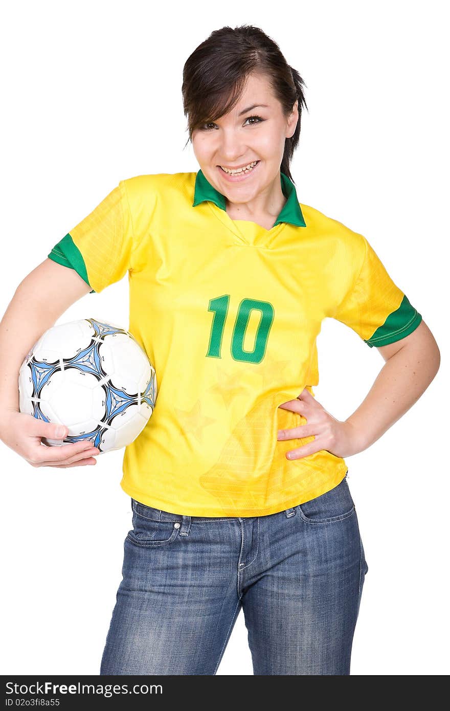 Young adult woman with ball. over white background. Young adult woman with ball. over white background