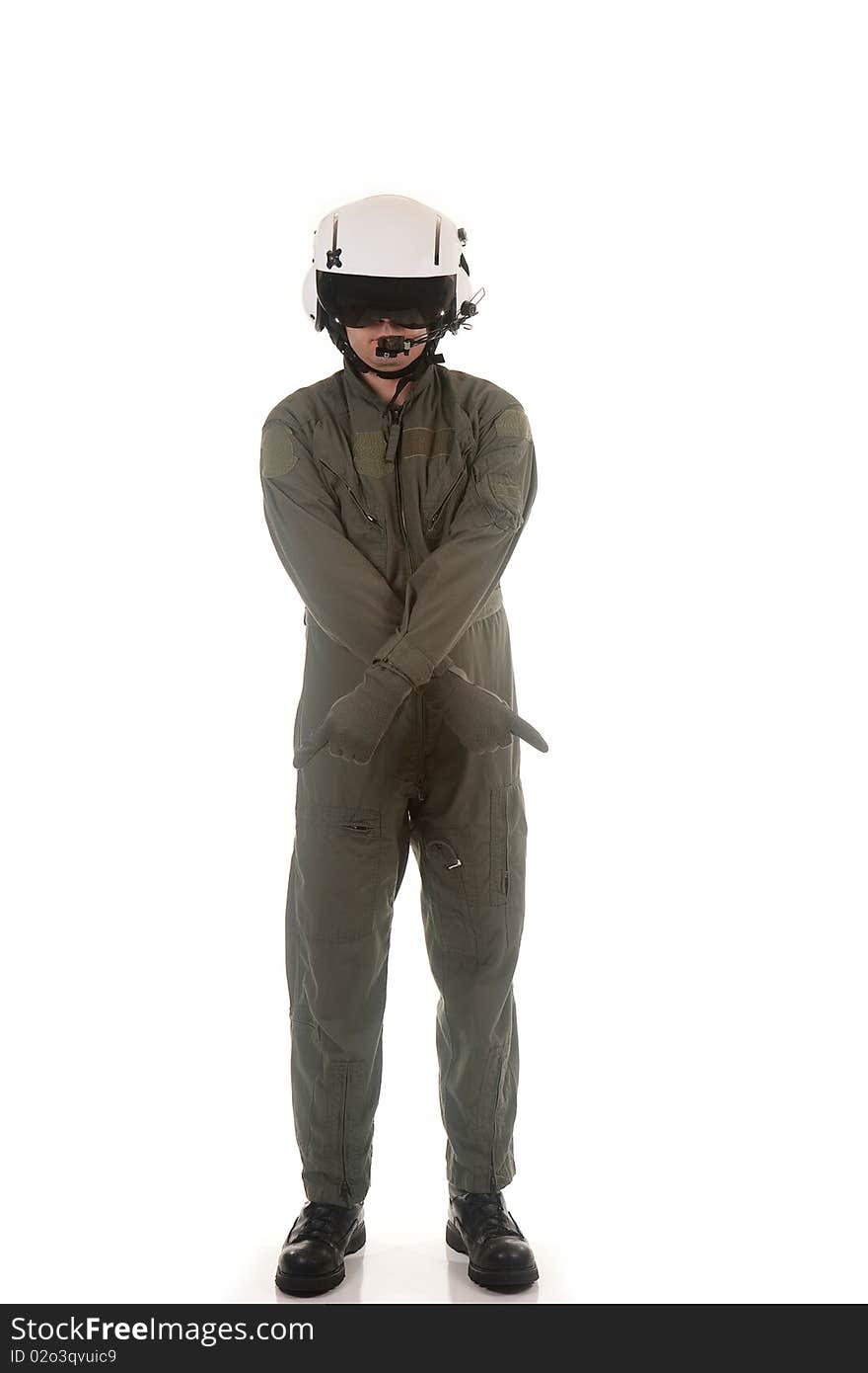 Military pilot with white helmet marshaling aircraft on a white background. Military pilot with white helmet marshaling aircraft on a white background