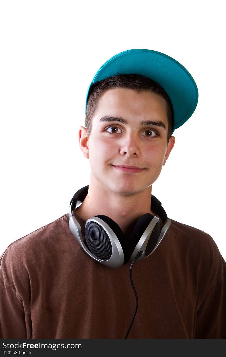 Young fresh teenager with headphones isolated over a white background. Young fresh teenager with headphones isolated over a white background.