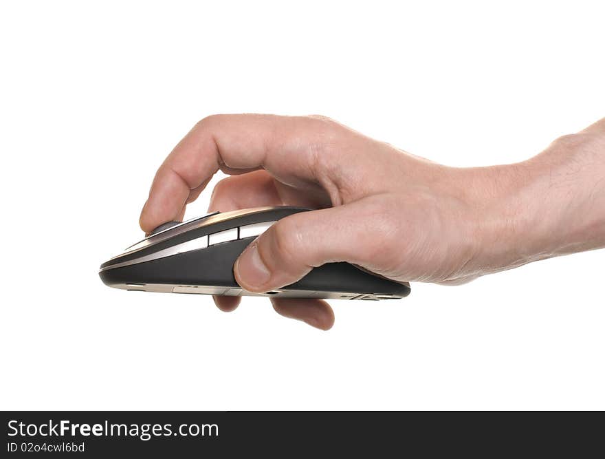 Businessman's hand working on computer mouse isolated over white