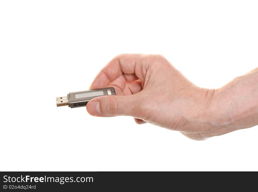 Hand with a USB flash isolated over white