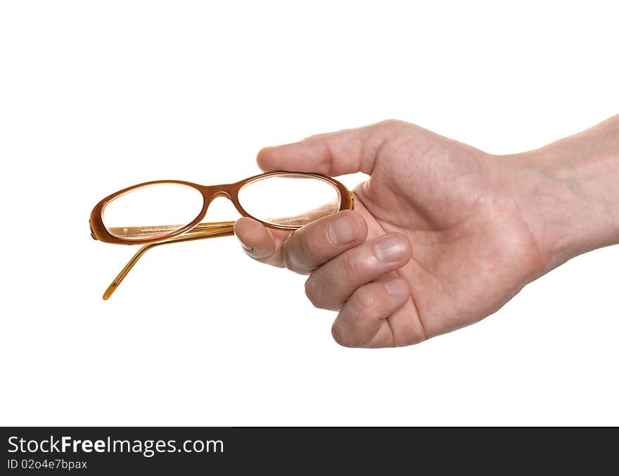 Hand with a glasses isolated over white