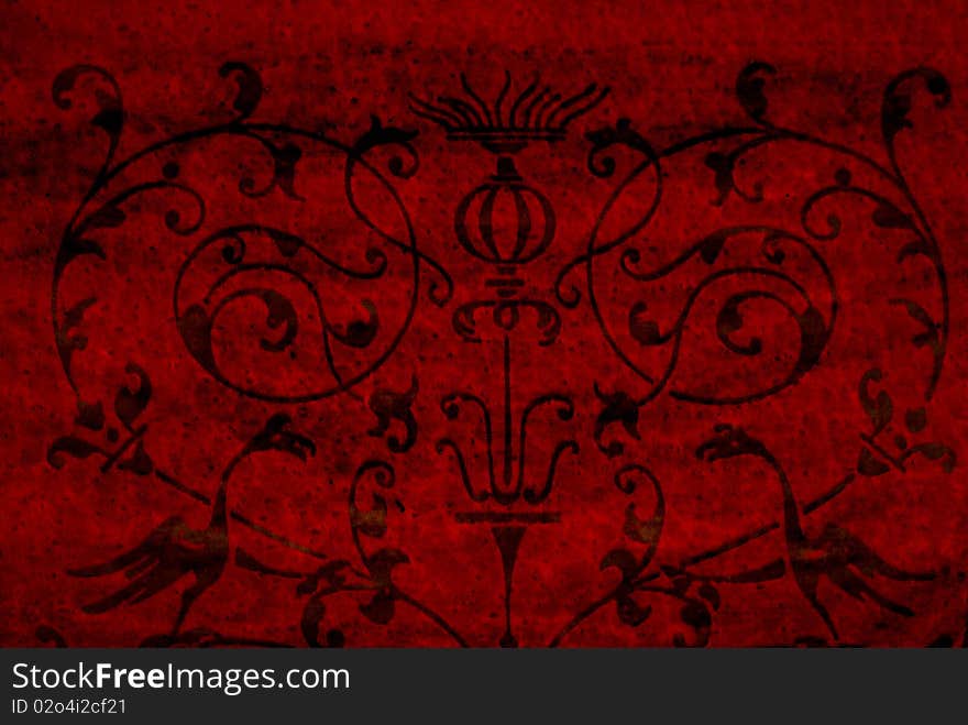 Old weathered red canvas with printed ornaments. Old weathered red canvas with printed ornaments