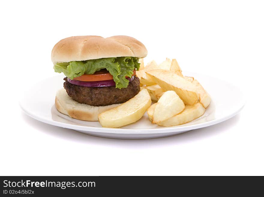 Juicy hamburger and french fries