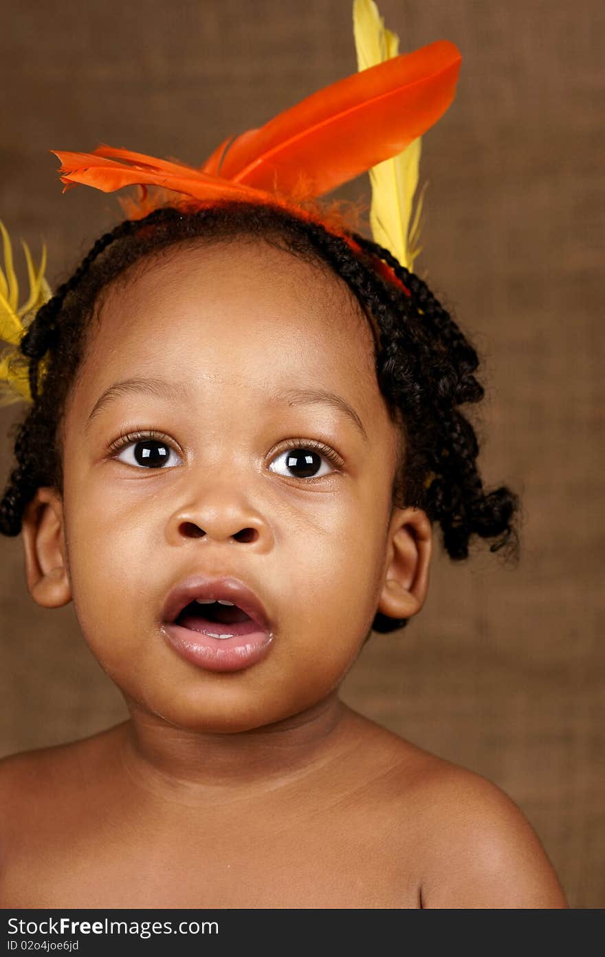 Closeup portrait of toddler with a happy expression with feathers stuck in hair. Closeup portrait of toddler with a happy expression with feathers stuck in hair