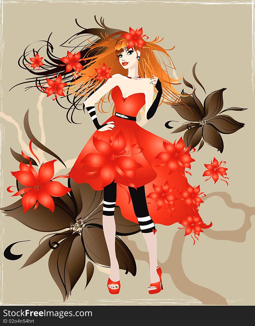 Illustration of a beautifull girl in a red dress. Illustration of a beautifull girl in a red dress