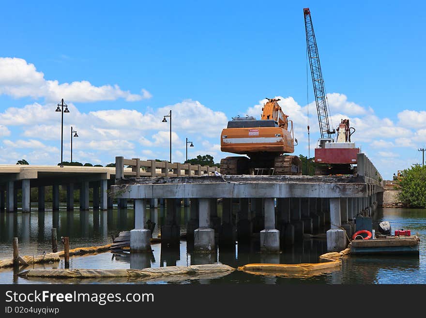 Bridge Work with tall crane and loader. Bridge Work with tall crane and loader