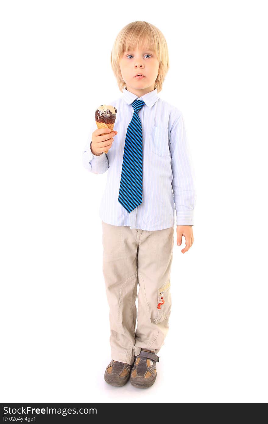 Boy Eating Ice Cream Isolated On White