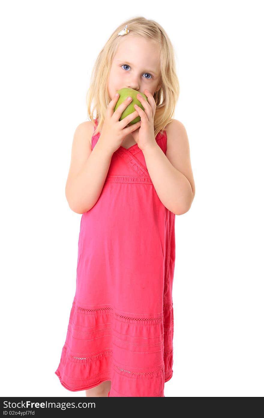 Little beautiful child with green apple. Isolated on white background. Little beautiful child with green apple. Isolated on white background