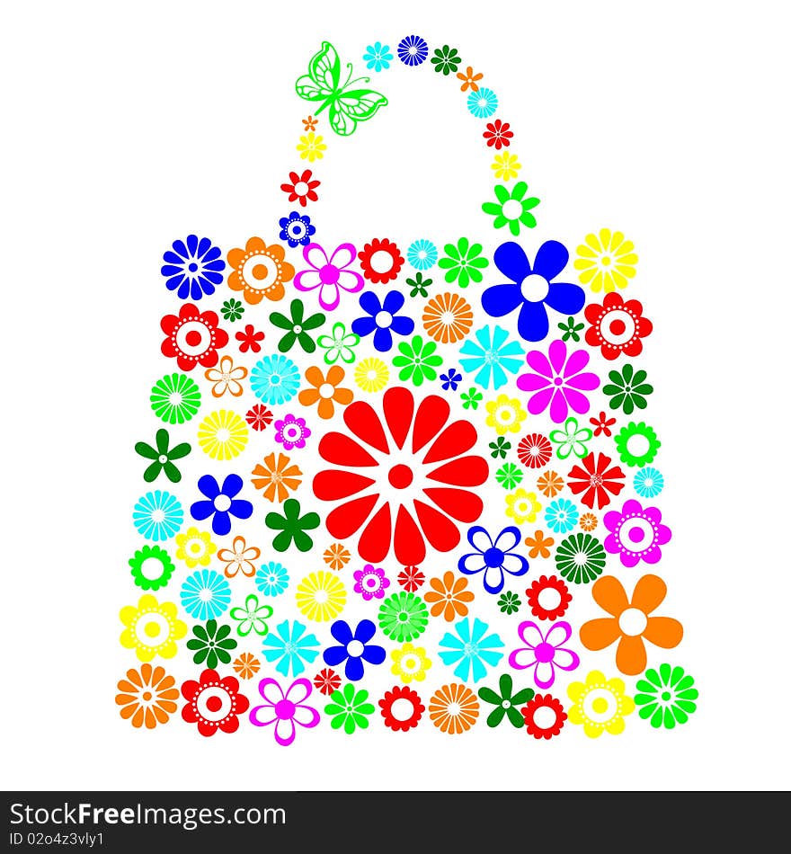 Illustration of bag pattern made up of flower shapes on the white background