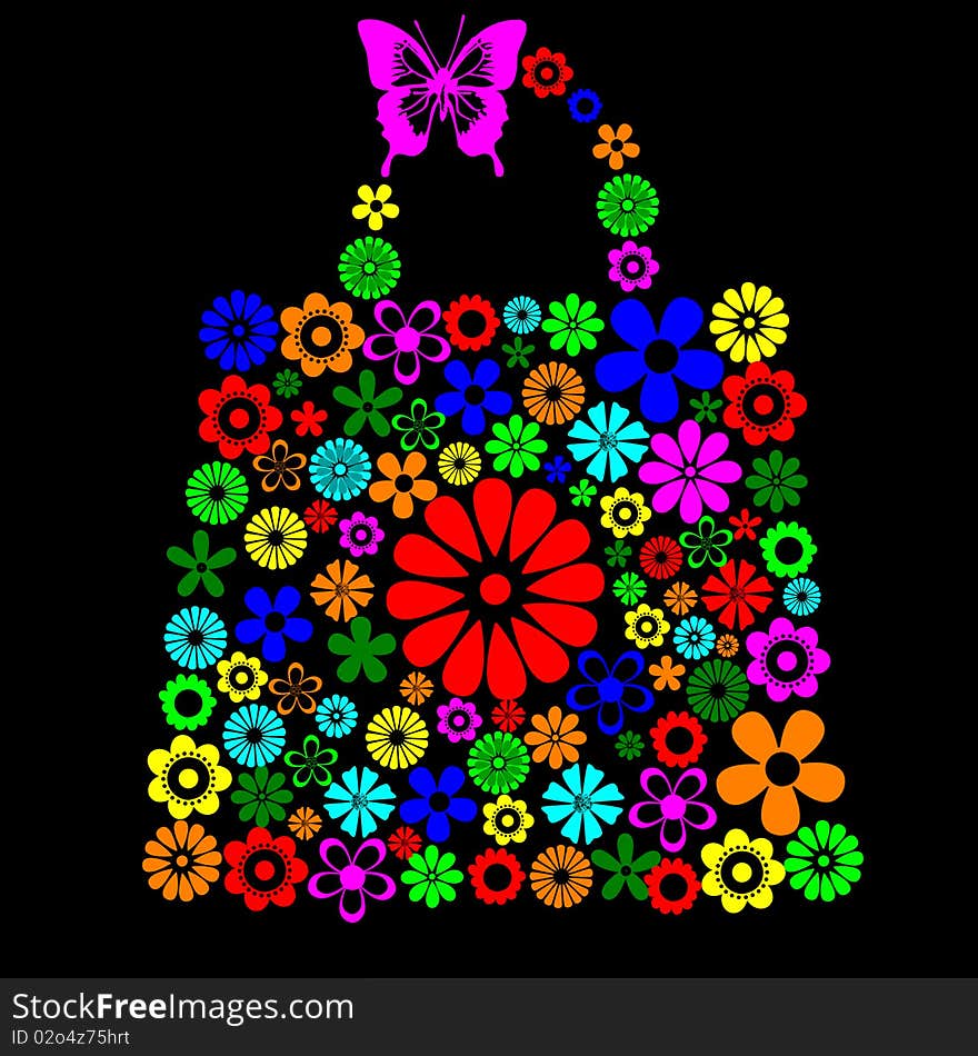 Illustration of bag pattern made up of flower shapes on the black background