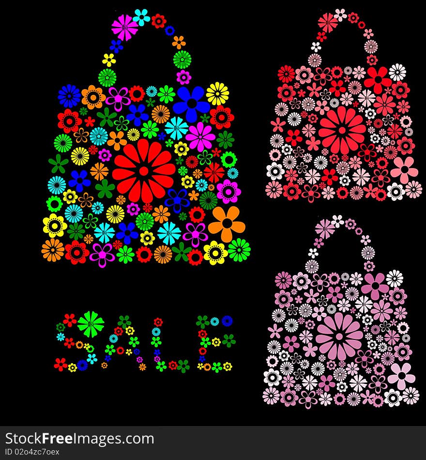 Illustration of bag pattern made up of flower shapes on the black background