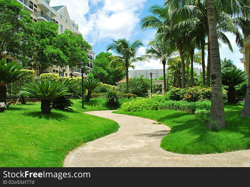 Lawn decorated garden in a park.