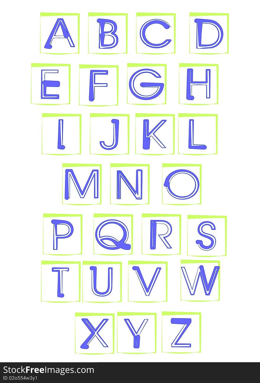 Letters, blue and green on white. Letters, blue and green on white