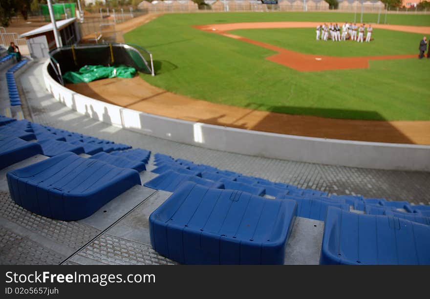 Blue seats in a stadium