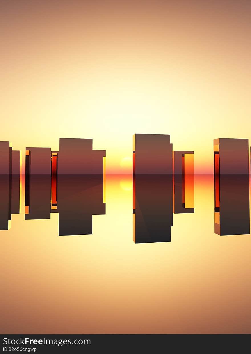 An abstract image featuring reflected rectangles with a sunset background. An abstract image featuring reflected rectangles with a sunset background.