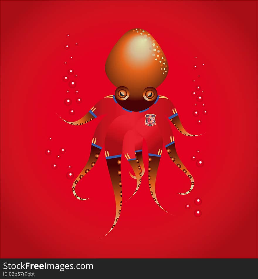 Octopus with spain football t shirt under the sea swim with bubbles. Octopus with spain football t shirt under the sea swim with bubbles