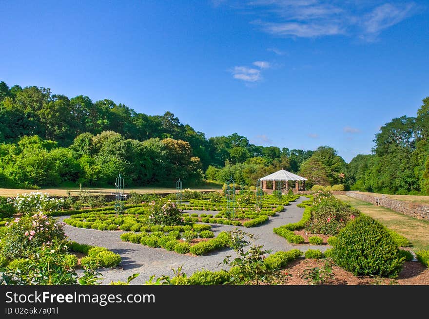 A beautifully landscaped garden with gazebo.