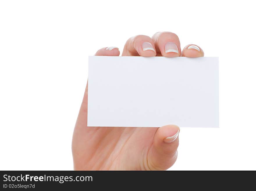 Hand and a card isolated on white. Hand and a card isolated on white