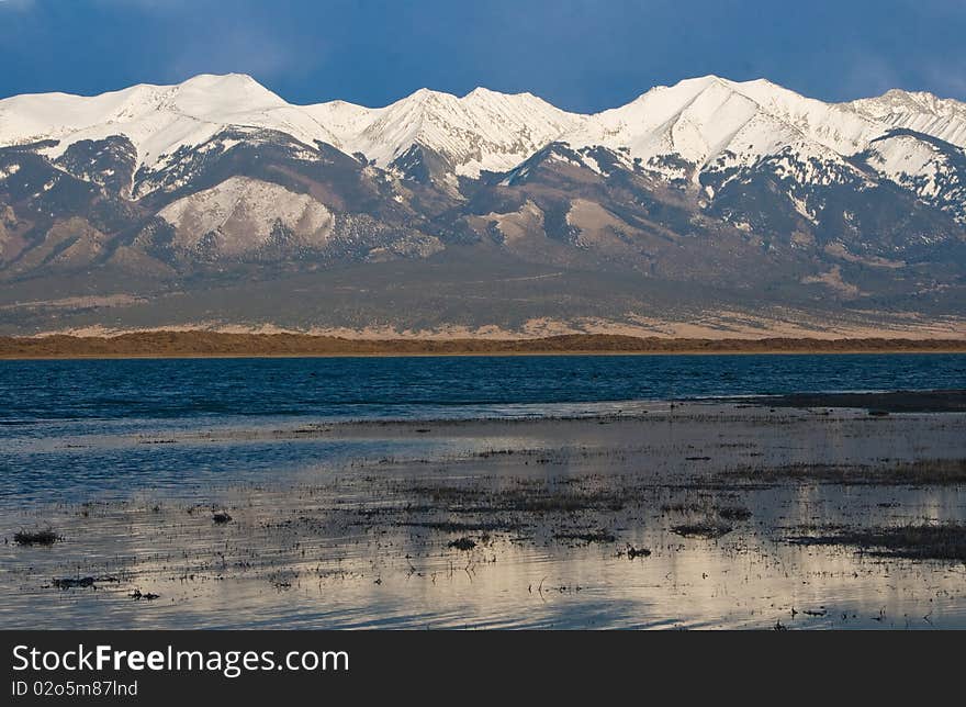 The Blanca Massif of the Sangre De Cristo Mountains from San Luis Lakes State Park in southern Colorado. The Blanca Massif of the Sangre De Cristo Mountains from San Luis Lakes State Park in southern Colorado